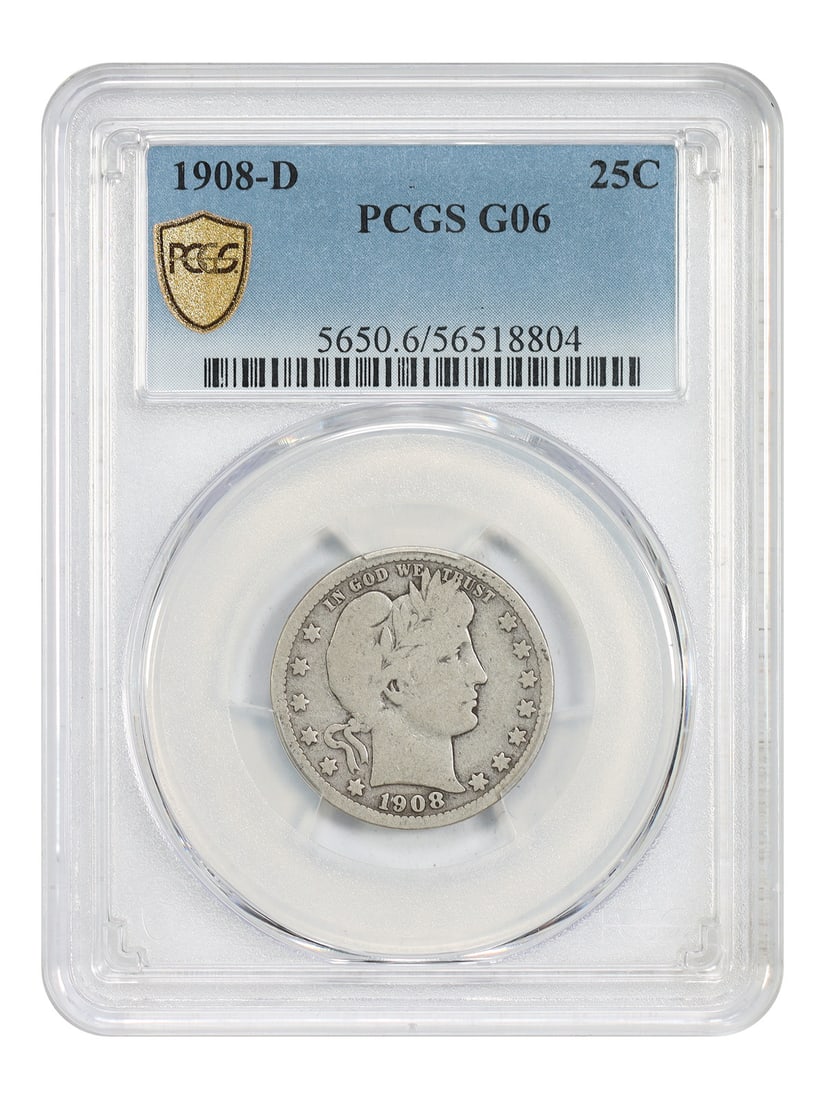 PCGS Good 06 1908-D Barber Quarter 25C: PCGS Good 06 1908-D Barber Quarter 25C This is a 1908-D Barber Quarter graded Good 06 by PCGS. The coin is circulated and originates from the Denver Mint. It belongs to the Barber Quarter series and i