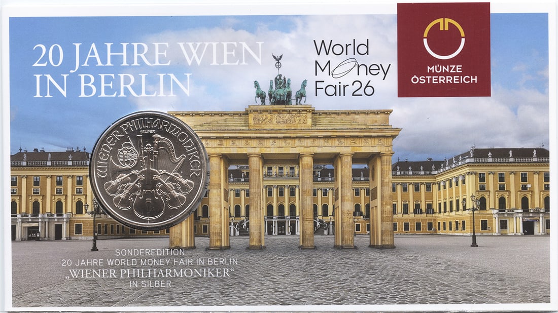 Austria Philharmoniker 1 oz Silver 2026 WMF Berlin 20th Year: Austria Philharmoniker 1 oz Silver 2026 WMF Berlin 20th Year This Austrian 2026 150 Euro Philharmoniker 1 oz silver coin was issued to commemorate the 20th year of the World Money Fair in Berlin. Only
