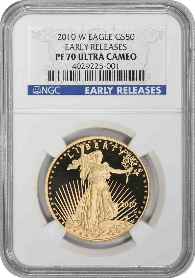 2010-W $50 American Gold Eagle PR70 NGC Early Releases Coin: 2010-W $50 American Gold Eagle PR70 NGC Early Releases Coin This stunning 2010-W $50 American Gold Eagle coin features a Proof strike and has achieved a remarkable PR70 grade from NGC. With a composit