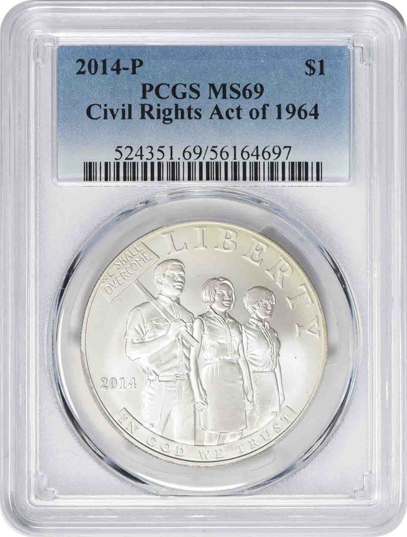 PCGS MS69 2014-P Silver Civil Rights Dollar Commemorative: PCGS MS69 2014-P Silver Civil Rights Dollar Commemorative This 2014-P Civil Rights Act of 1964 Silver Commemorative Dollar is a United States coin graded MS69 by PCGS. Struck in silver, this uncircula
