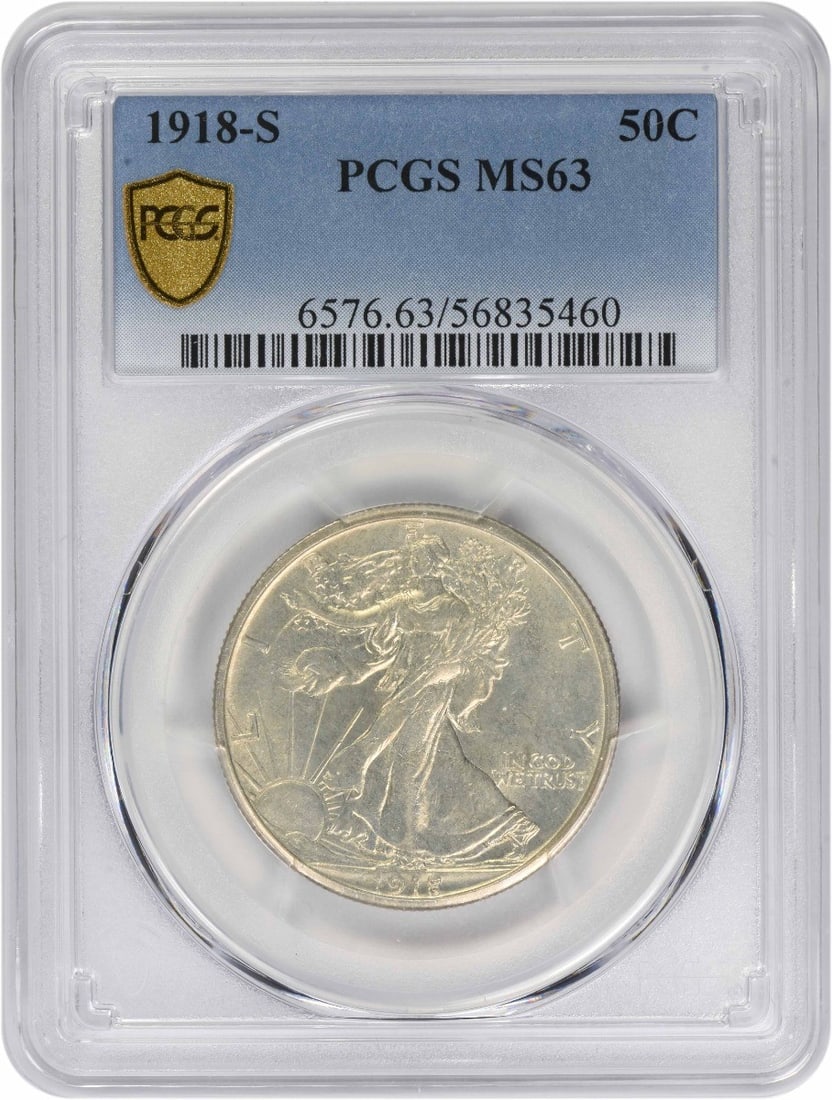 PCGS MS63 1918 San Francisco Walking Liberty 50C Silver Coin: PCGS MS63 1918 San Francisco Walking Liberty 50C Silver Coin This 1918-S Walking Liberty Half Dollar is graded MS63 by PCGS and features the iconic design by Adolph Alexander Weinman. Struck in San Fr
