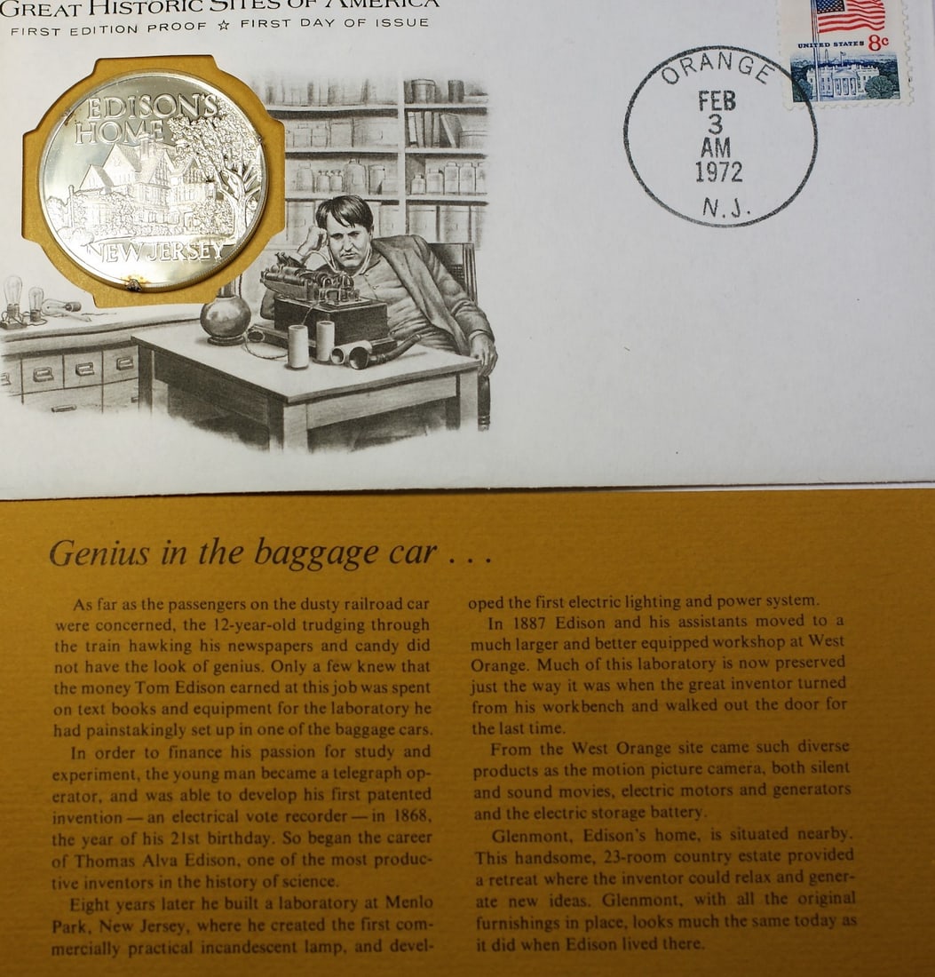 1972 Sterling Silver Proof Medal First Day Cover Edison's Home New Jersey: 1972 Sterling Silver Proof Medal First Day Cover Edison's Home New Jersey This 1972 Edison's Home in Orange, New Jersey Great Historic Sites medal is a proof issue struck by the Franklin Mint in sterl