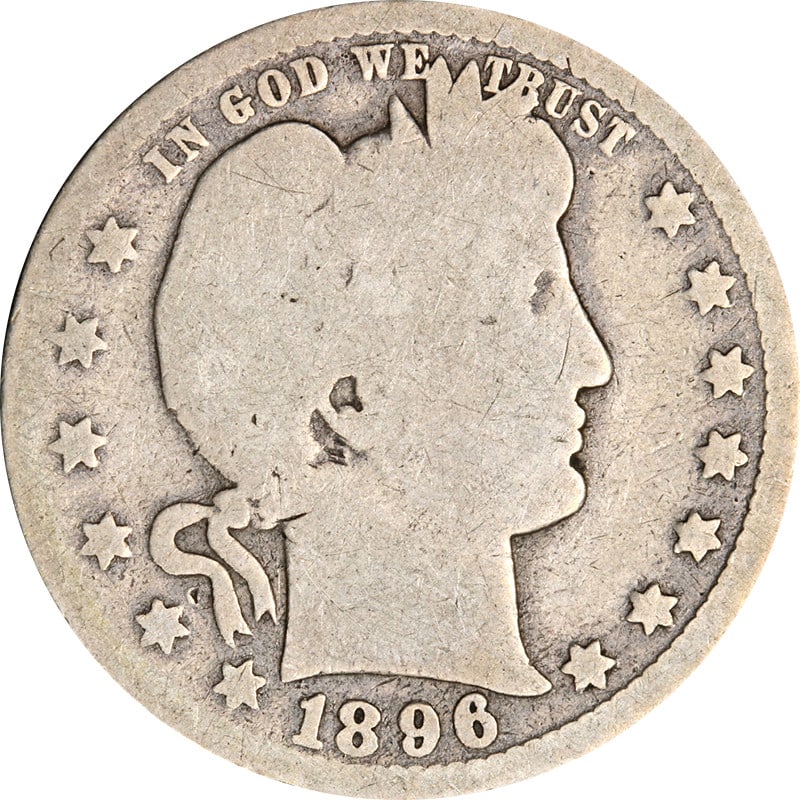 Silver 1896 New Orleans Mint Barber Quarter United States Coin: Silver 1896 New Orleans Mint Barber Quarter United States Coin This is a circulated 1896-O Barber Quarter from the United States, minted in New Orleans. The coin is composed of silver and is pre-owned