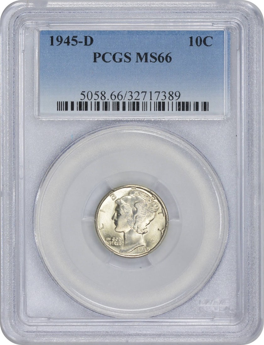 1945-D Mercury Dime MS66 PCGS Uncirculated Silver Coin: 1945-D Mercury Dime MS66 PCGS Uncirculated Silver Coin This 1945-D Mercury Silver Dime is a beautiful representation of American numismatic history, graded MS66 by PCGS. Struck in Denver, this uncircu