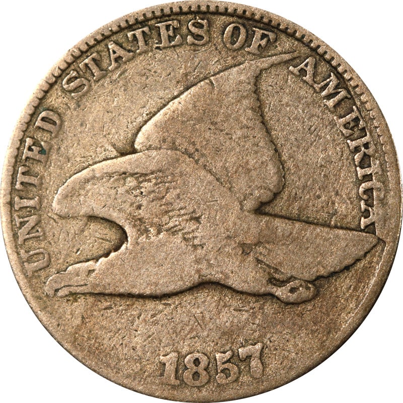 1857 Copper Flying Eagle Cent FS-402 Die Clash Variety: 1857 Copper Flying Eagle Cent FS-402 Die Clash Variety This is an 1857 Flying Eagle Cent, FS-402 variety, featuring a die clash with a 50 cent piece. The coin is circulated and composed of copper. It 