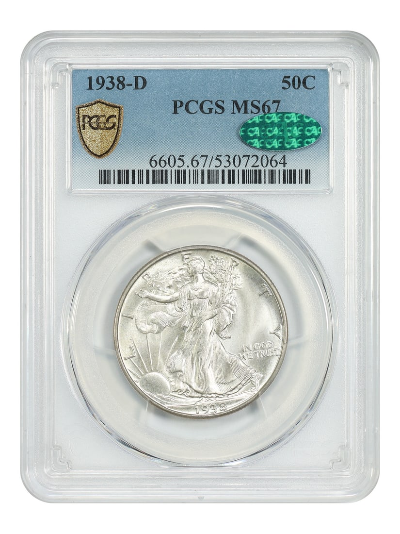PCGS CAC MS67 1938-D Walking Liberty Half Dollar: PCGS CAC MS67 1938-D Walking Liberty Half Dollar This 1938-D Walking Liberty Half Dollar is a highly sought-after coin due to its low mintage of only 491,600 pieces, the lowest for the series after 19