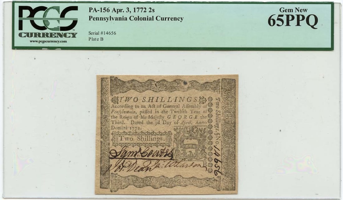 PCGS MS65 Pennsylvania 2 Shillings Colonial Currency Dated April 3 1772 (1 of 2)