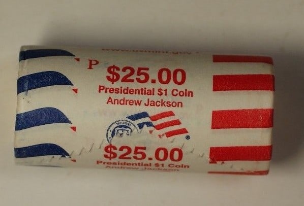 Roll of 25 Uncirculated 2008 Philadelphia Andrew Jackson $1 Coins Bank Wrapped: Roll of 25 Uncirculated 2008 Philadelphia Andrew Jackson $1 Coins Bank Wrapped This is a 2008-P Andrew Jackson Presidential Dollar roll containing 25 uncirculated $1 coins. The coins are bank wrapped 