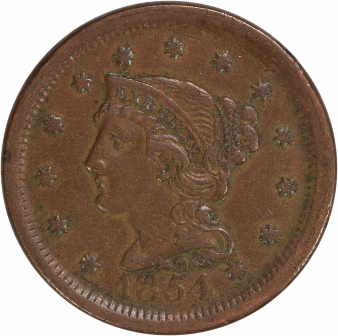 1854 Braided Hair Large Cent Copper Uncertified Philadelphia: 1854 Braided Hair Large Cent Copper Uncertified Philadelphia This 1854 Large Cent features the Braided Hair design by Christian Gobrecht, struck in Philadelphia. It is categorized as circulated and gr