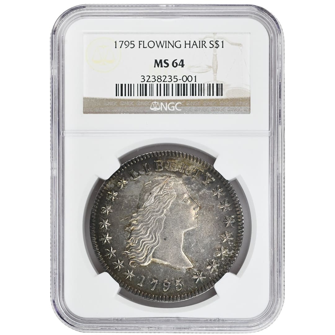 1795 Flowing Hair silver dollar NGC MS64 3 Leaf: 1795 Flowing Hair silver dollar NGC MS64 3 Leaf This is a 1795 Flowing Hair Dollar graded MS64 by NGC, featuring the sought-after 3 Leaf variety. Struck in silver at the Philadelphia Mint, this uncirc