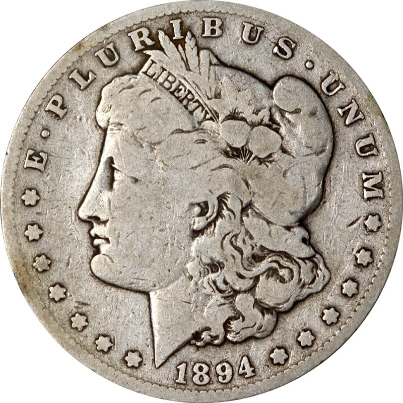 1894 San Francisco Morgan silver dollar: 1894 San Francisco Morgan silver dollar This is an 1894-S Morgan Silver Dollar from the United States. The coin is composed of 90% silver and was minted in San Francisco. It is a circulated, pre-owned