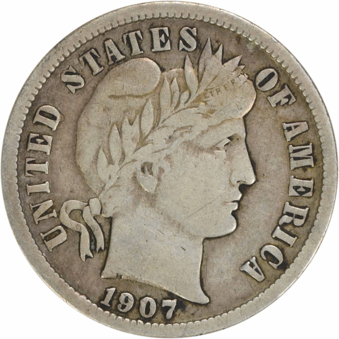 1907-O Barber Silver Dime 10C VF Uncertified Coin: 1907-O Barber Silver Dime 10C VF Uncertified Coin This 1907-O Barber Silver Dime offers a glimpse into American coinage history. Struck in New Orleans, this coin features the iconic Barber design by C