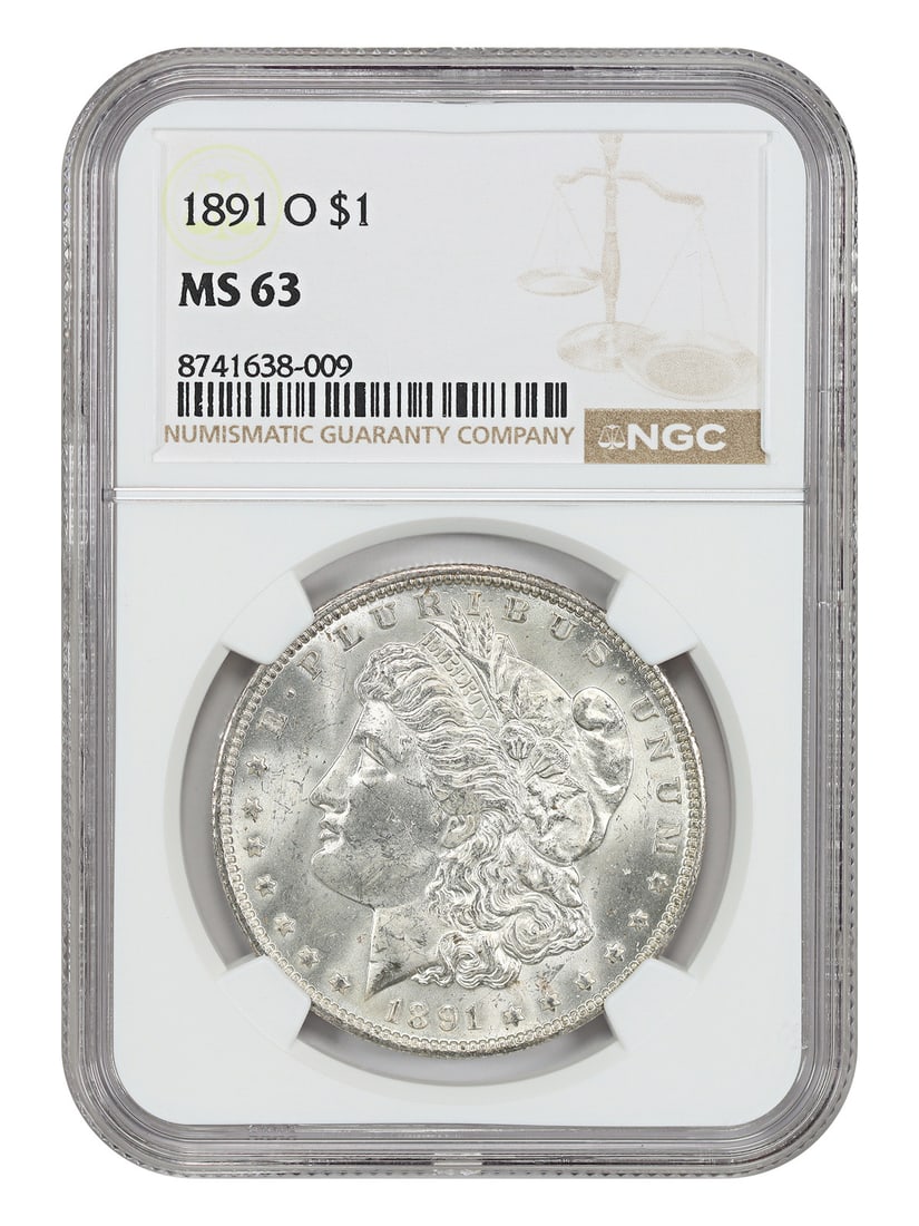 1891-O Morgan Dollar NGC MS63 New Orleans Mint: 1891-O Morgan Dollar NGC MS63 New Orleans Mint This 1891-O Morgan Dollar is certified by NGC with a grade of MS63. Minted in New Orleans, this uncirculated coin is a desirable addition for collectors,