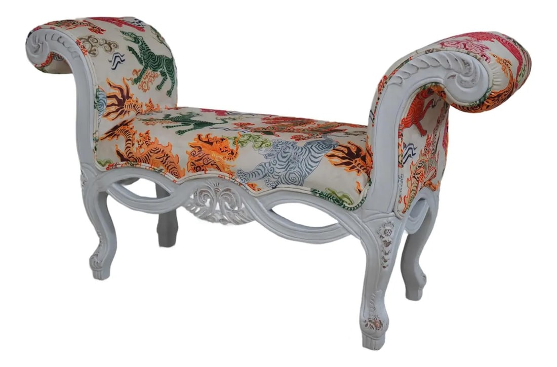 French White Bench with Vibrant Modern Chinese Dragon Print Upholstery: French White Bench with Vibrant Modern Chinese Dragon Print Upholstery This exquisite French white bench features a stunning modern Chinese dragon print upholstery, bringing a vibrant touch to any spa