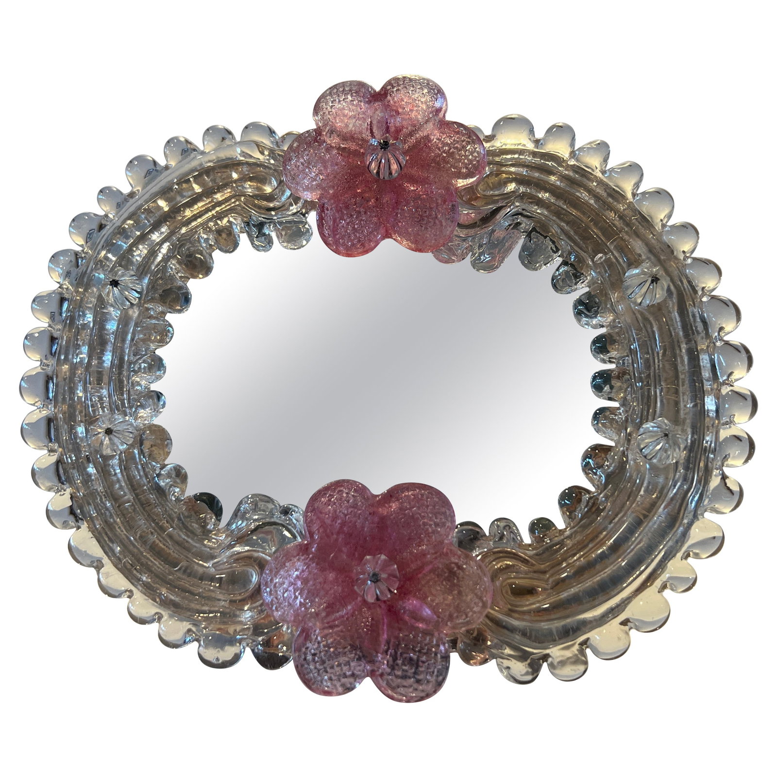 Rococo Style Vintage Pink Floral Venetian Glass Mirror Italy: Rococo Style Vintage Pink Floral Venetian Glass Mirror Italy This exquisite vintage mirror features a charming Rococo style, adorned with delicate pink Venetian glass florets encircling a gold-flecked