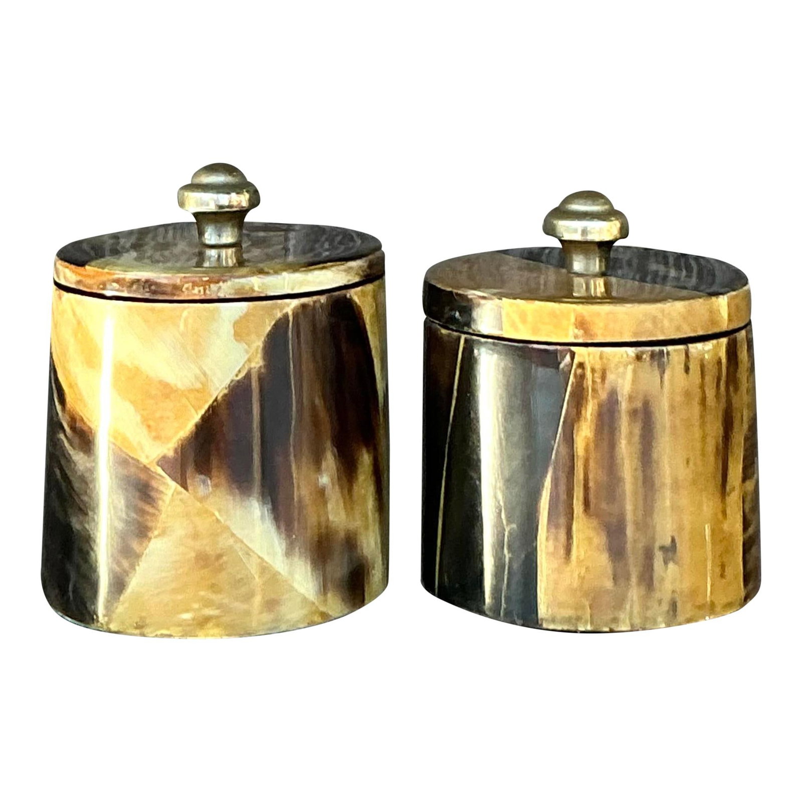 Vintage Boho Tessellated Horn Canisters Pair Amber Mosaic: Vintage Boho Tessellated Horn Canisters Pair Amber Mosaic Elevate your home decor with this exquisite pair of Vintage Boho Tessellated Horn Canisters. Crafted from beautifully tessellated horn, each c
