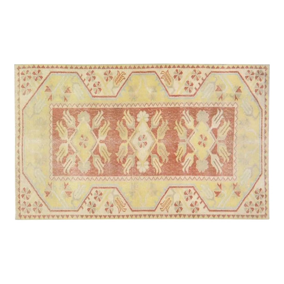 Turkish Anatolian Wool Hand Knotted Rug 2'8x4'3 Yellow: Turkish Anatolian Wool Hand Knotted Rug 2'8x4'3 Yellow This vintage Turkish Anatolian rug is hand-knotted from wool using traditional techniques, combining enduring craftsmanship with a modern design 