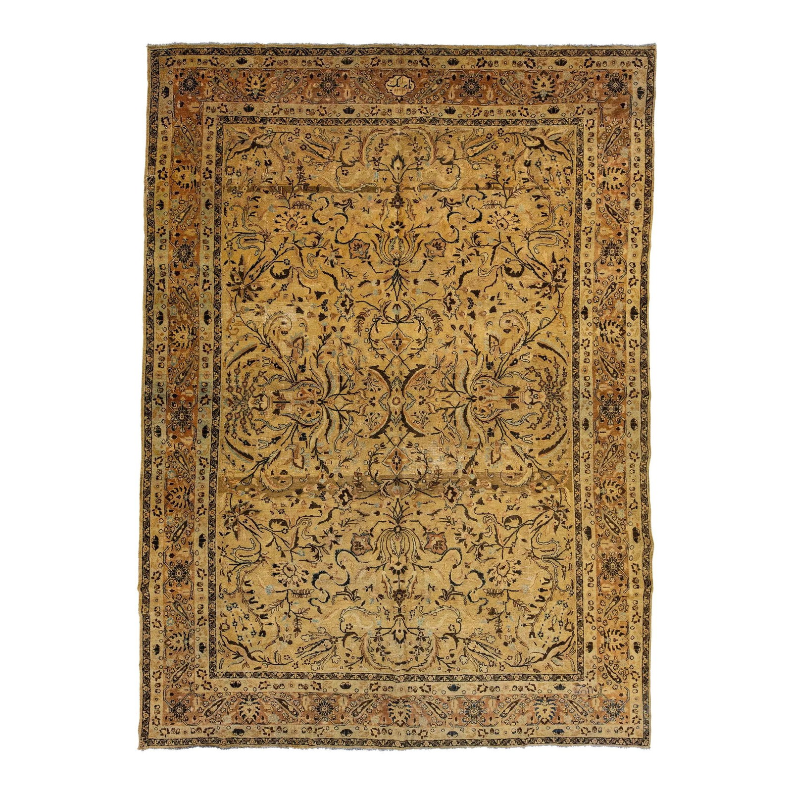 1930s Persian Tabriz Wool Rug Floral Design 10'4 x 14'7 Goldenrod (1 of 7)