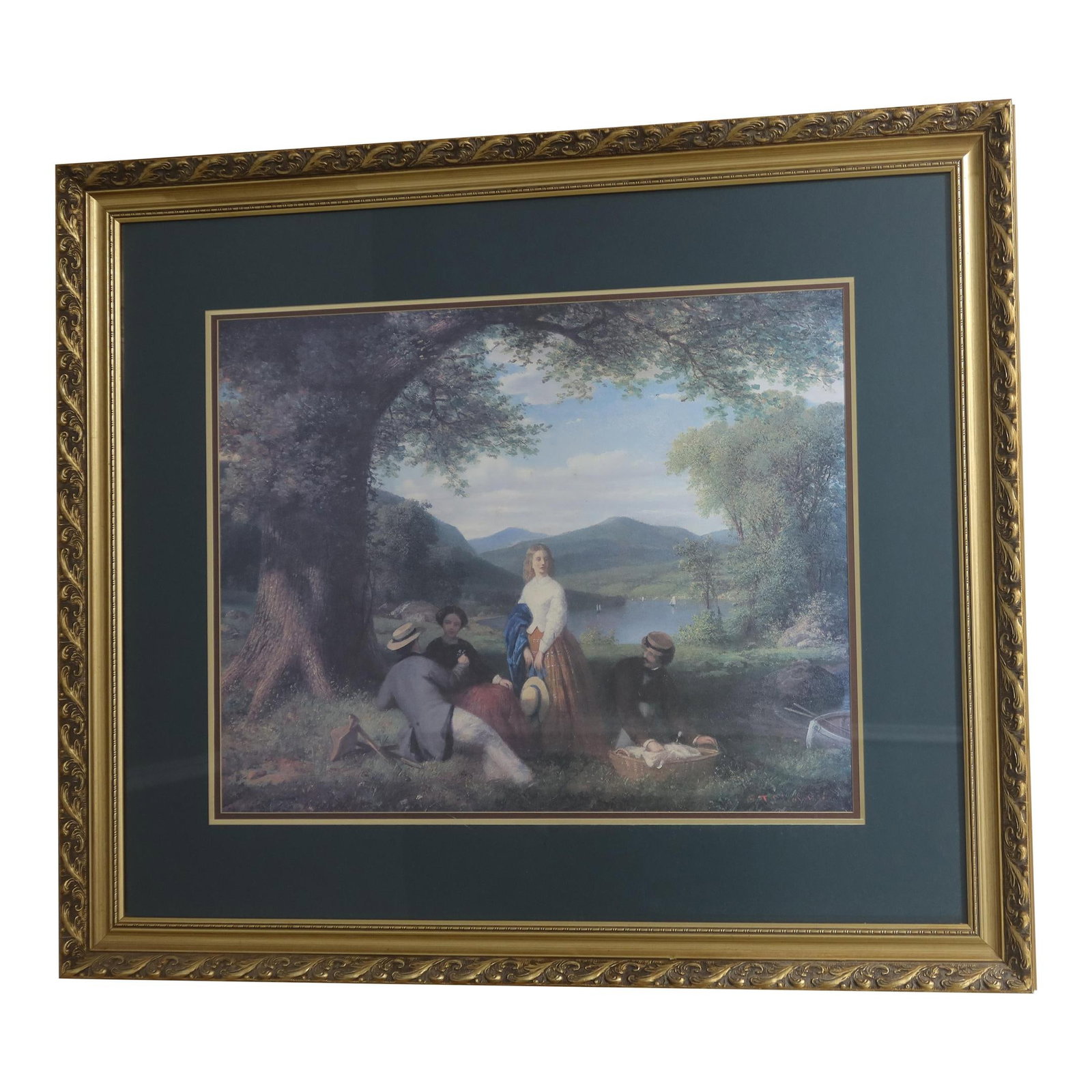 Elegant Framed Country Picnic Print in Gold Frame 42 x 36: Elegant Framed Country Picnic Print in Gold Frame 42 x 36 This stunning framed and matted print captures the essence of a classic country picnic, beautifully preserved in a classic gold frame. Approxi