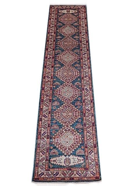 Handmade 2'10" x 11'4" Teal Green Super Kazak Rug Wool: Handmade 2'10" x 11'4" Teal Green Super Kazak Rug Wool Free continental US Shipping Enhance your living space with this stunning Teal Blue Green Super Kazak Rug, featuring a harmonious blend of vibran