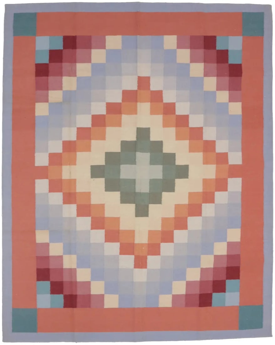 Hand-Woven Geometric Design Wool Dhurrie Rug 7'7 x 9'6: Hand-Woven Geometric Design Wool Dhurrie Rug 7'7 x 9'6 Enhance your living space with this exquisite 8X10 ft Geometric Design Dhurrie Rug. Hand-woven in India, this stunning area rug features a modern