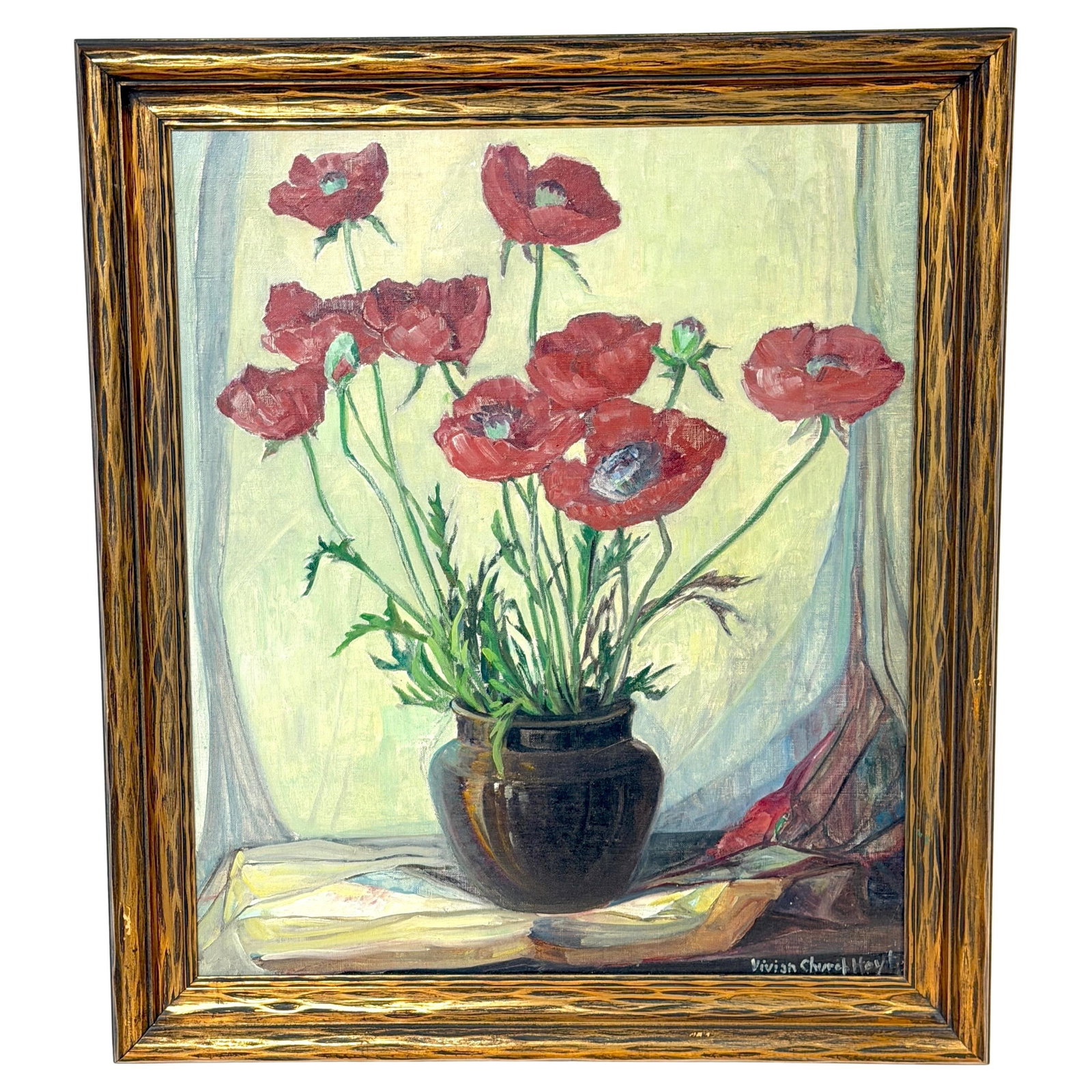 Still Life Floral Painting by Vivian Church Hoyt in Original Giltwood Frame: Still Life Floral Painting by Vivian Church Hoyt in Original Giltwood Frame This still life painting by Vivian Church Hoyt (1880-1957) features vibrant red poppies, rendered with expressive brushwork 