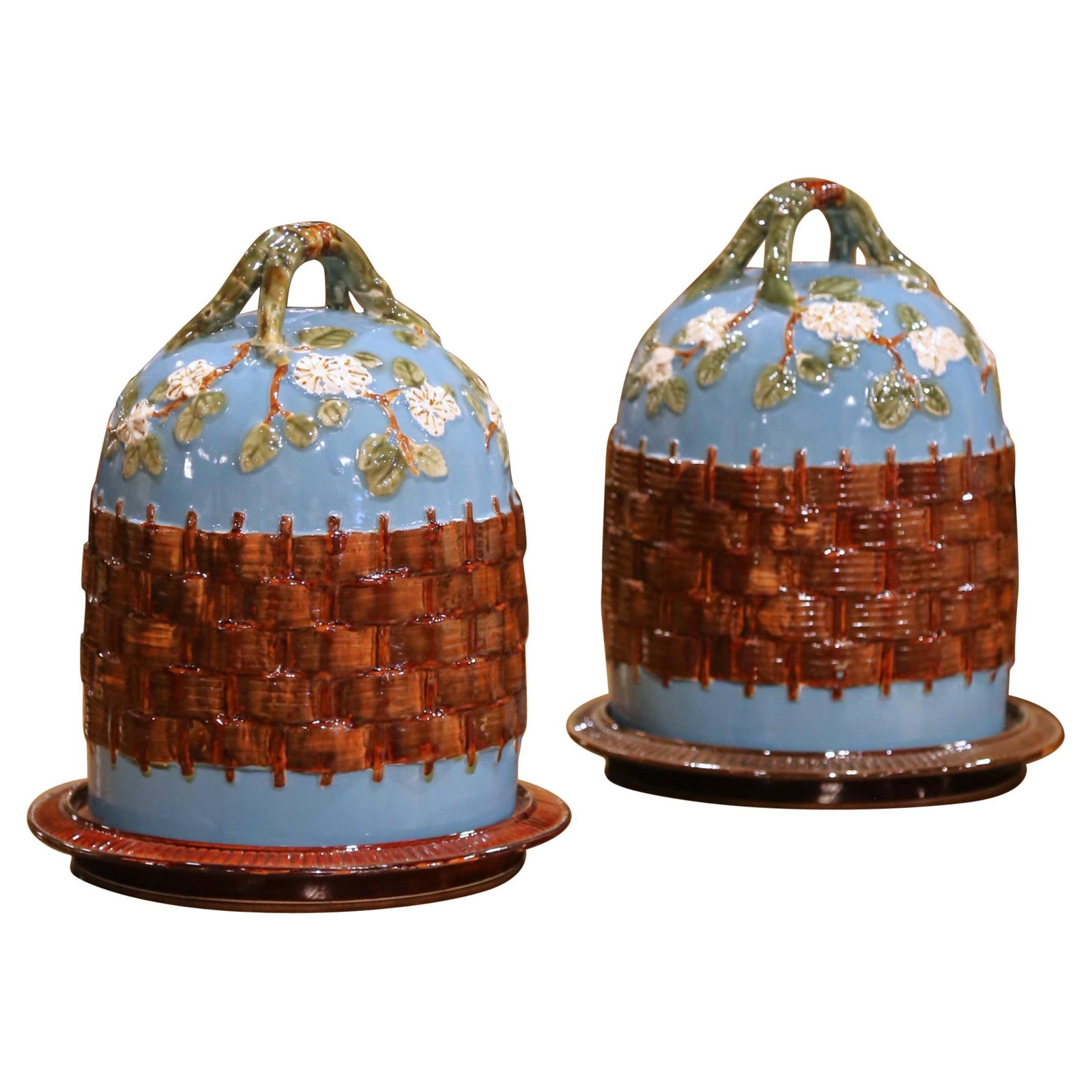 Set of 2 French Faience Majolica Cheese or Pastry Domes with Trays Circa 1960: Set of 2 French Faience Majolica Cheese or Pastry Domes with Trays Circa 1960 This pair of mid-century French Majolica lidded pastry or cheese domes, crafted circa 1960, features hand-crafted faience 