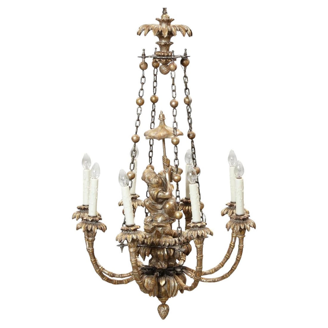 Mid-Century Chinoiserie Giltwood Chandelier With Monkey Motif Eight Lights: Mid-Century Chinoiserie Giltwood Chandelier With Monkey Motif Eight Lights This vintage mid-century chandelier showcases Chinoiserie style with a hand-carved giltwood design. Featuring a whimsical mon