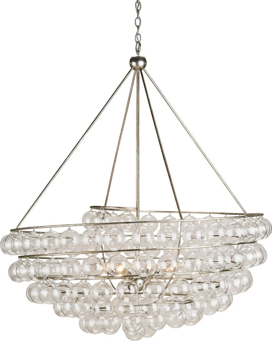 Currey Stratosphere Silver Bowl Chandelier with Glass Accents: Currey Stratosphere Silver Bowl Chandelier with Glass Accents Illuminate your space with this stunning Elegant Silver Chandelier featuring exquisite blown glass accents. This bowl chandelier from the 