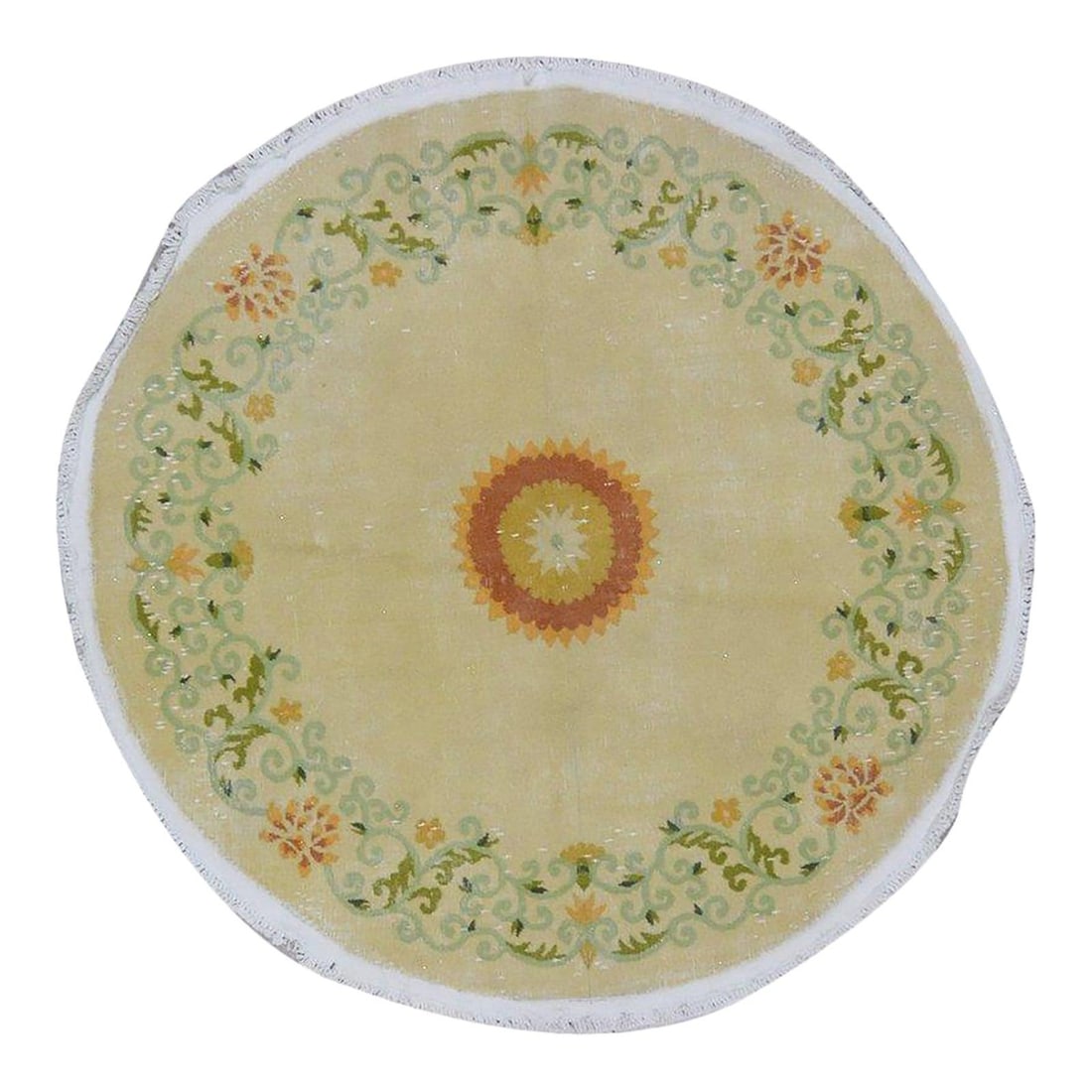 Round Olive Wool Rug Hand-Knotted Chinese Art Deco Style 4'9" (1 of 4)