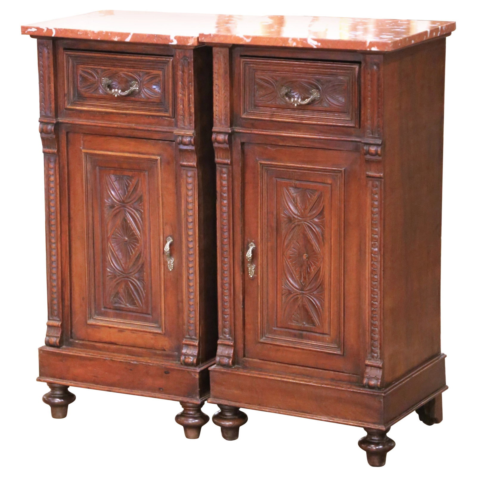 Antique 19th Century French Louis XIII Mahogany Nightstands with Marble Top Set of 2: Antique 19th Century French Louis XIII Mahogany Nightstands with Marble Top Set of 2 Enhance your bedroom or living space with this elegant pair of mid-19th century French Louis XIII mahogany bedside 