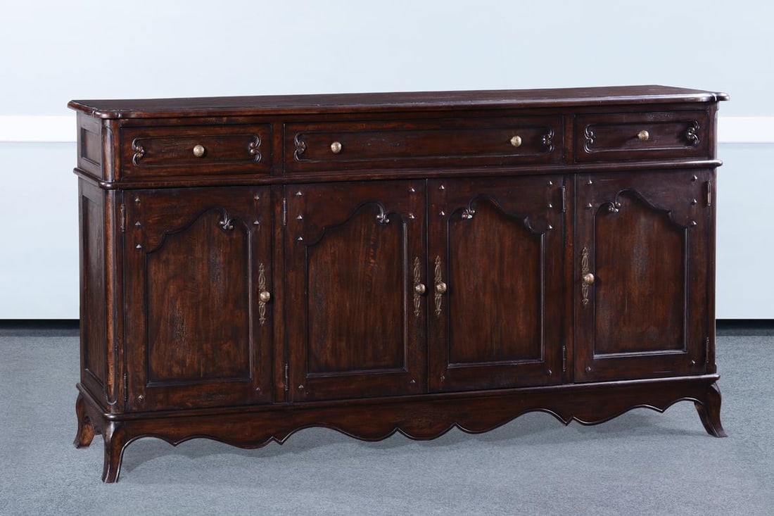 Elegant French Style Sideboard in Dark Rustic Pecan Finish: Elegant French Style Sideboard in Dark Rustic Pecan Finish This elegant French style sideboard features a stunning dark rustic pecan finish, offering a charming addition to any dining space. Crafted f