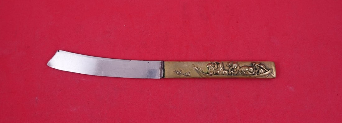 Japanese Kozuka Knife Mixed Metals Bronze Handle Men in Boat 7: Japanese Kozuka Knife Mixed Metals Bronze Handle Men in Boat 7 This Kozuka fish knife features a mixed metals design with a Japanese motif, depicting men in a boat. The knife has a bronze handle and m