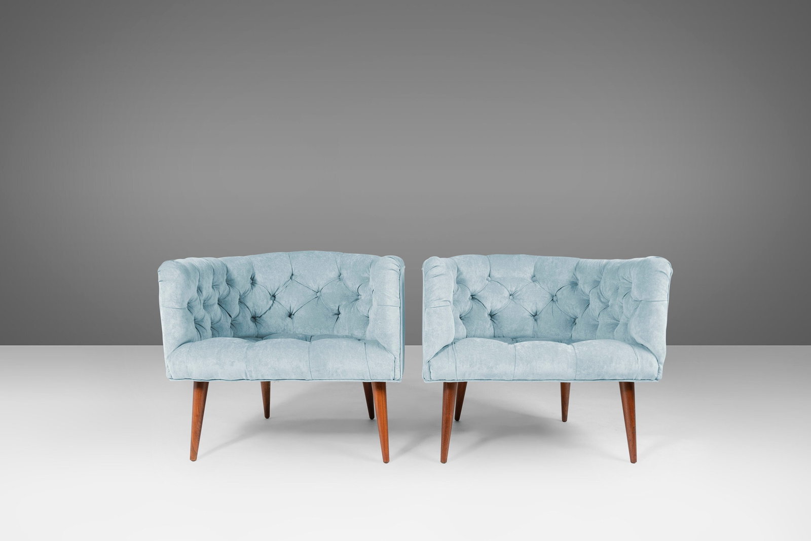 Mid-Century Modern Set of 2 Tufted Barrel Chairs by Milo Baughman: Mid-Century Modern Set of 2 Tufted Barrel Chairs by Milo Baughman This elegant set of two tufted barrel chairs, inspired by the designs of Milo Baughman for Thayer Coggin, showcases a perfect blend of
