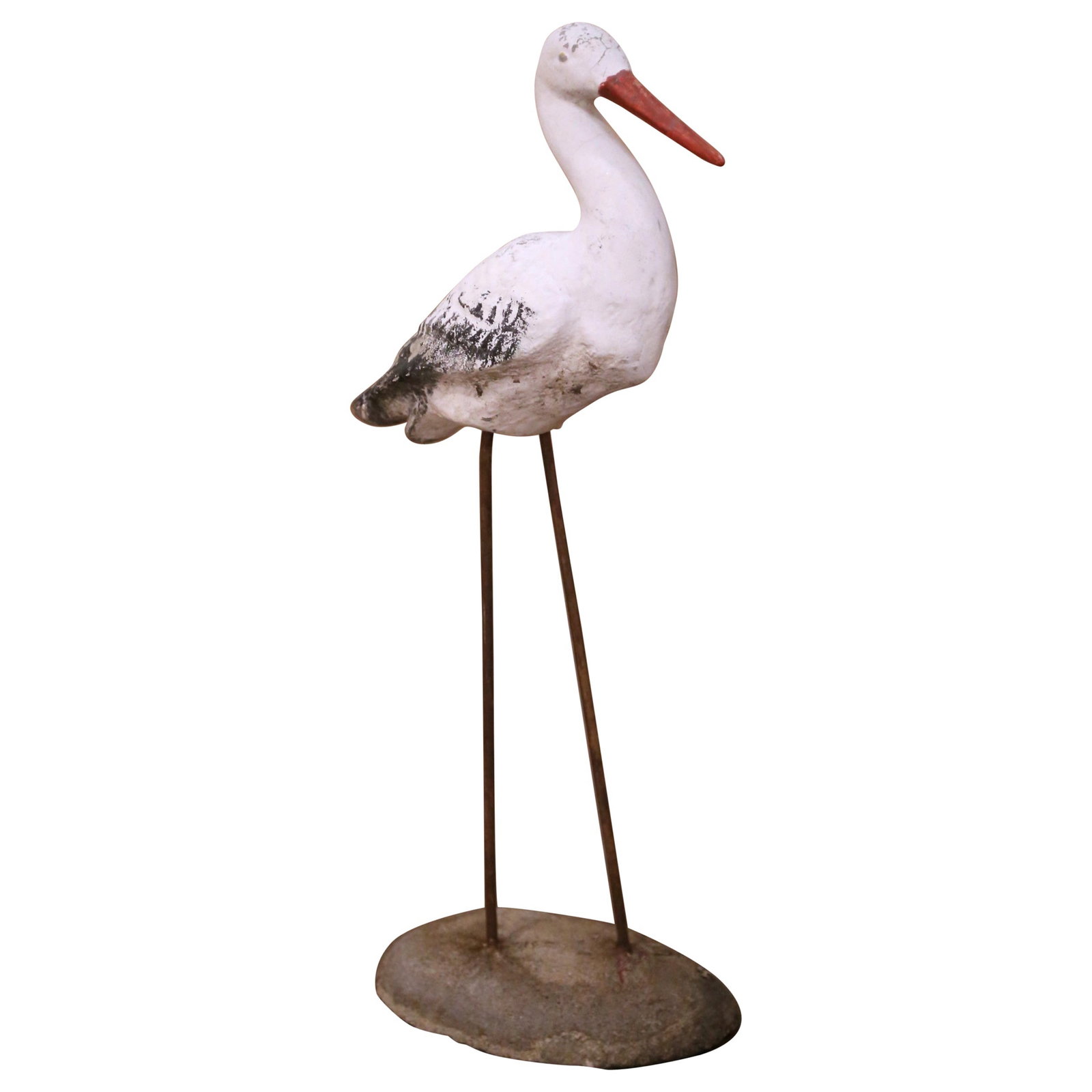 French Mid-20th Century Concrete Crane Bird Sculpture with Iron Legs: French Mid-20th Century Concrete Crane Bird Sculpture with Iron Legs This mid-century French folk art garden statue features a graceful crane bird crafted in concrete, mounted on an iron stand. Made i