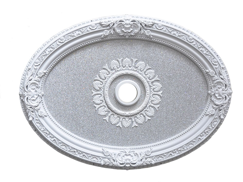 Artistry oval floral ceiling medallion 43 inch 4 inch hole: Artistry oval floral ceiling medallion 43 inch 4 inch hole This 43-inch oval ceiling medallion features an antique French floral design with gracefully flowing leaves and beaded borders, making it an 