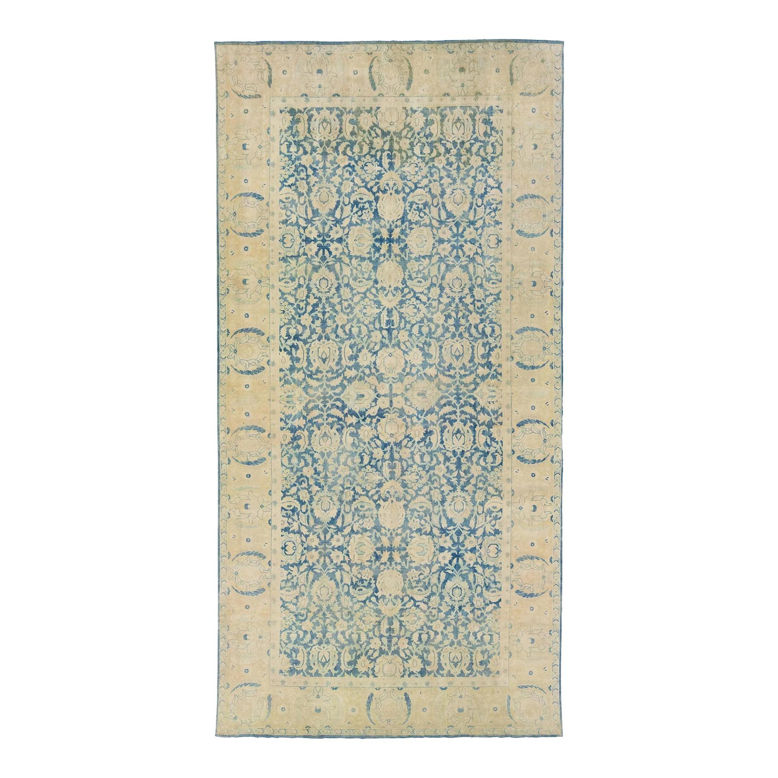Antique Agra Handmade Wool Rug Blue Beige Floral 8'8 x 17'5: Antique Agra Handmade Wool Rug Blue Beige Floral 8'8 x 17'5 Discover the elegance of this exquisite hand-knotted antique Agra wool rug, featuring a captivating blue color field enriched with beige acc