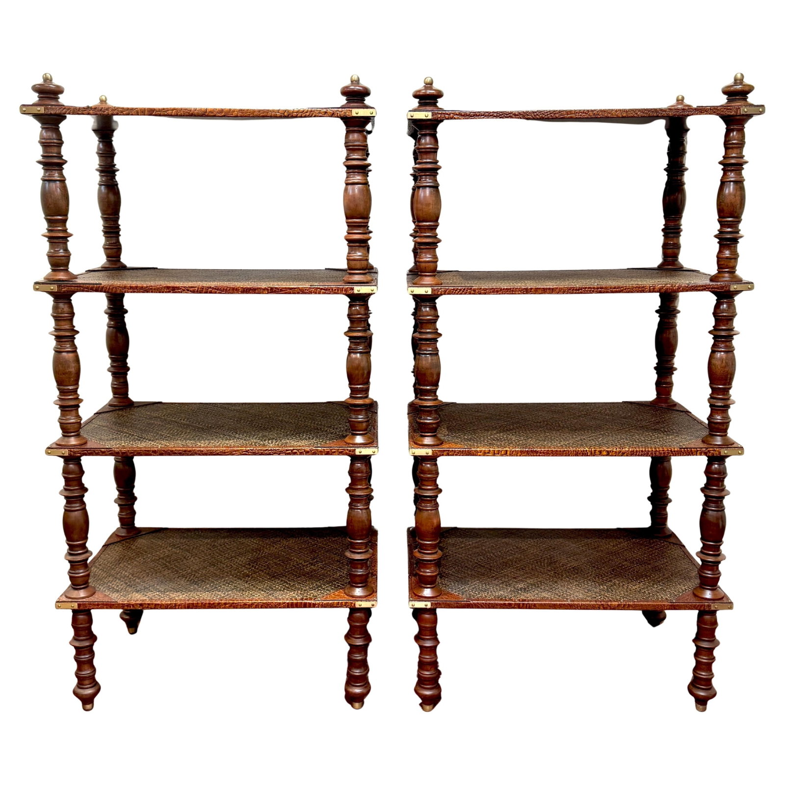 Set of 2 Anglo-Indian Leather Brass Rattan Four-Tier Etageres (1 of 18)