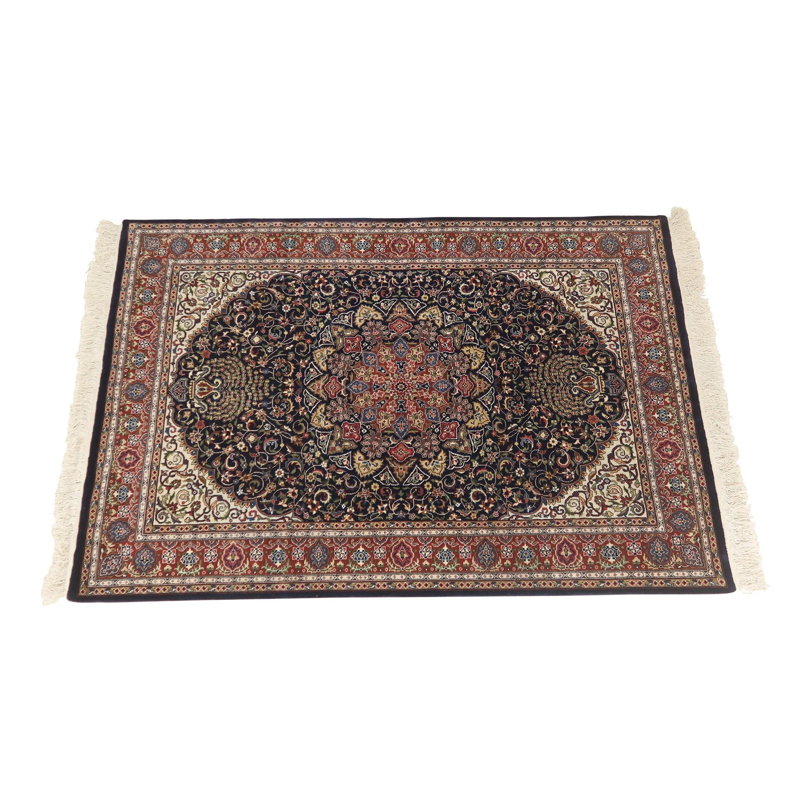 20 Year Old 4x6 Hand Woven 100% Wool Rug Dark Blue Red Fringe: 20 Year Old 4x6 Hand Woven 100% Wool Rug Dark Blue Red Fringe Discover the charm of this exquisite hand-woven wool rug, approximately 20 years old, featuring a striking dark blue and deep red backgrou