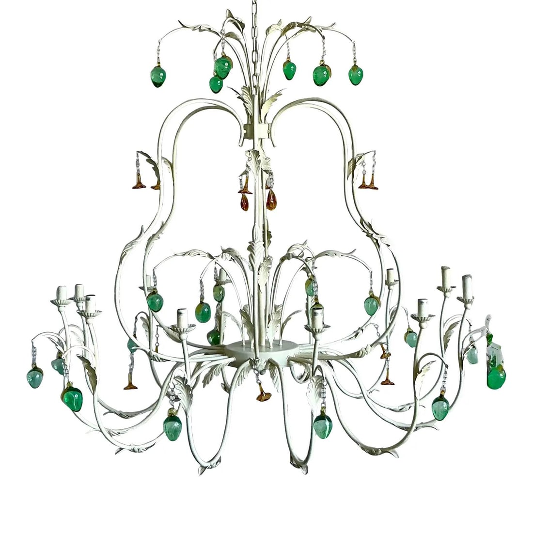 Monumental Regency Chandelier with Jade Green Crystal Drops and Leaf Motifs: Monumental Regency Chandelier with Jade Green Crystal Drops and Leaf Motifs This vintage Regency chandelier features an ornate cream-colored wrought iron frame with delicate leaf motifs and is adorned
