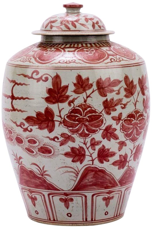 Handmade Bird Motif Porcelain Jar Underglazed Red 23H 15W 15D (1 of 2)