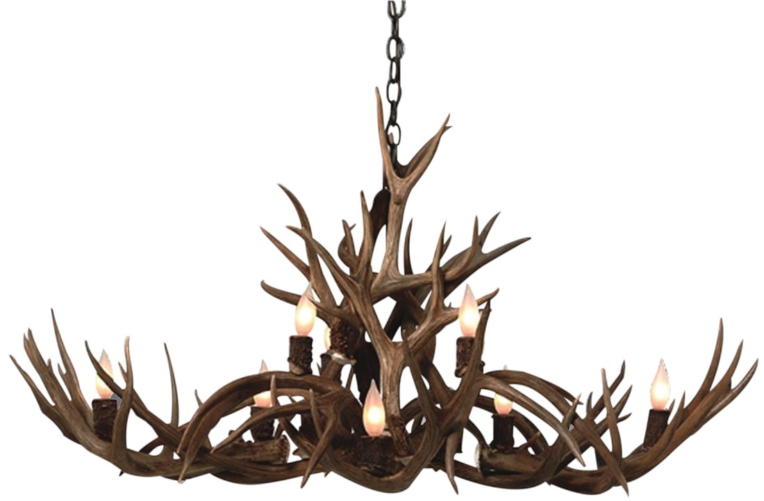 Custom 8-Light Rustic Antler Chandelier by AntlerWorx: Custom 8-Light Rustic Antler Chandelier by AntlerWorx Illuminate your space with this Elegant Rustic Antler Chandelier, meticulously crafted from genuine mule deer antlers. This stunning bowl chandeli