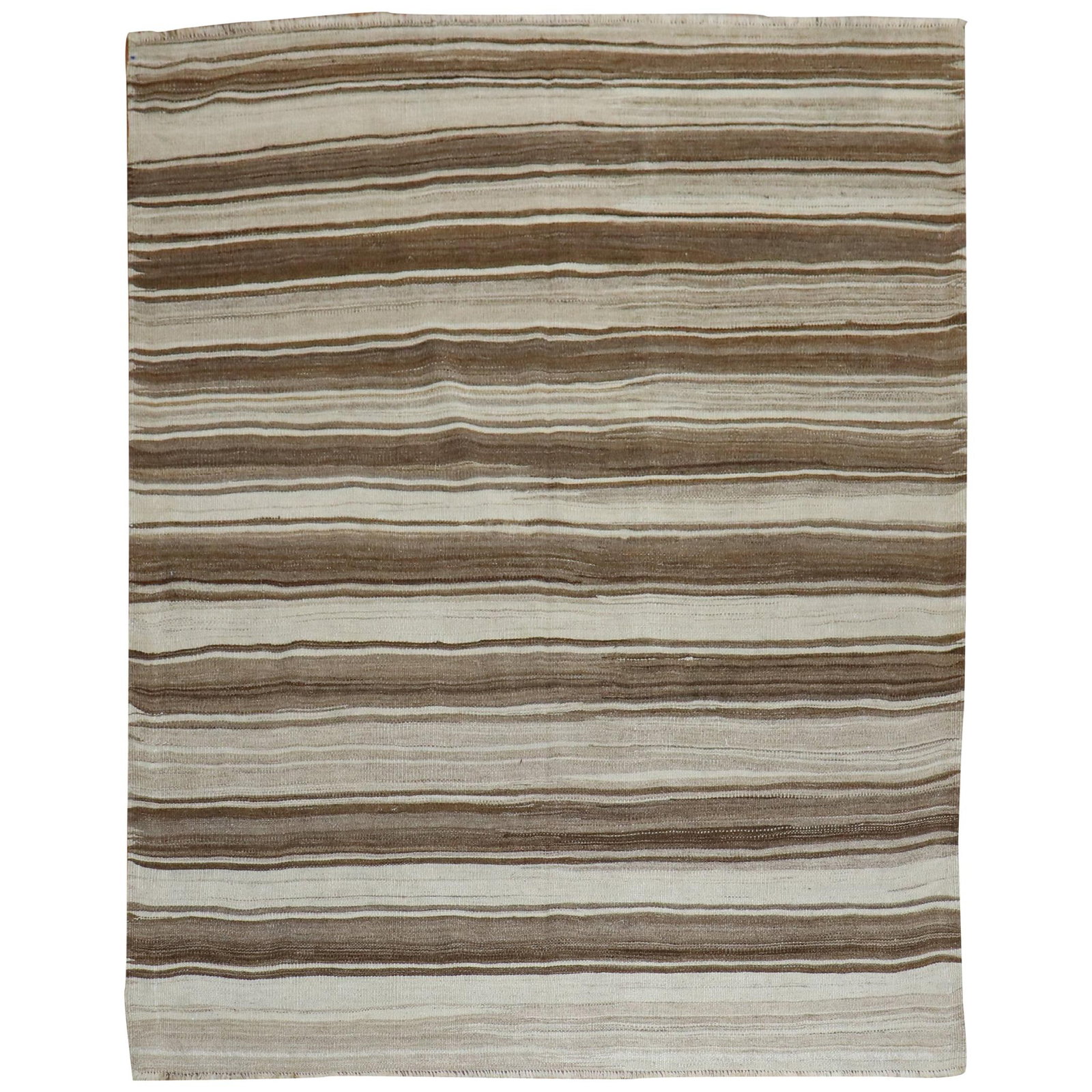 Turkish Wool Kilim Rug 60 x 70 Inch Mid-Century Modern Striped Design: Turkish Wool Kilim Rug 60 x 70 Inch Mid-Century Modern Striped Design This mid-century modern Turkish kilim features a neutral color palette with a striped design. Hand-knotted from wool, this 20th-ce