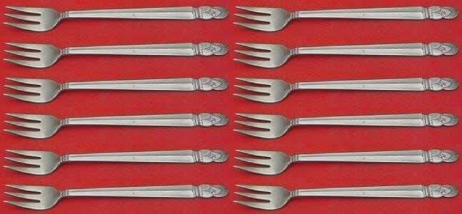 Frank Whiting Princess Ingrid Sterling Silver Cocktail Fork Set 12 pcs: Frank Whiting Princess Ingrid Sterling Silver Cocktail Fork Set 12 pcs Elevate your dining experience with this exquisite 12-piece cocktail fork set in the elegant Princess Ingrid pattern by Frank M. 