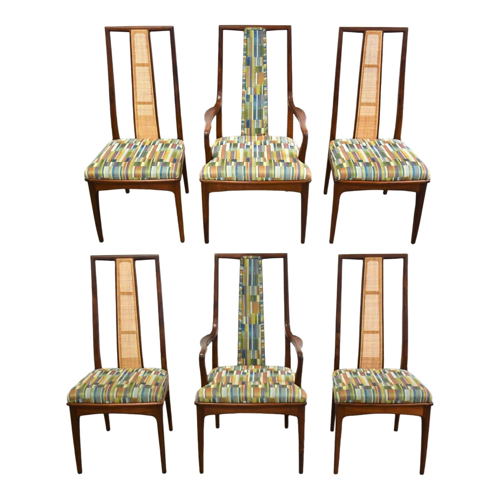 Mid-Century Modern Walnut Dining Chairs Set of 6 Cane Backs: Mid-Century Modern Walnut Dining Chairs Set of 6 Cane Backs Elevate your dining experience with this stunning set of six mid-century modern dining chairs, crafted from solid walnut. Each chair feature