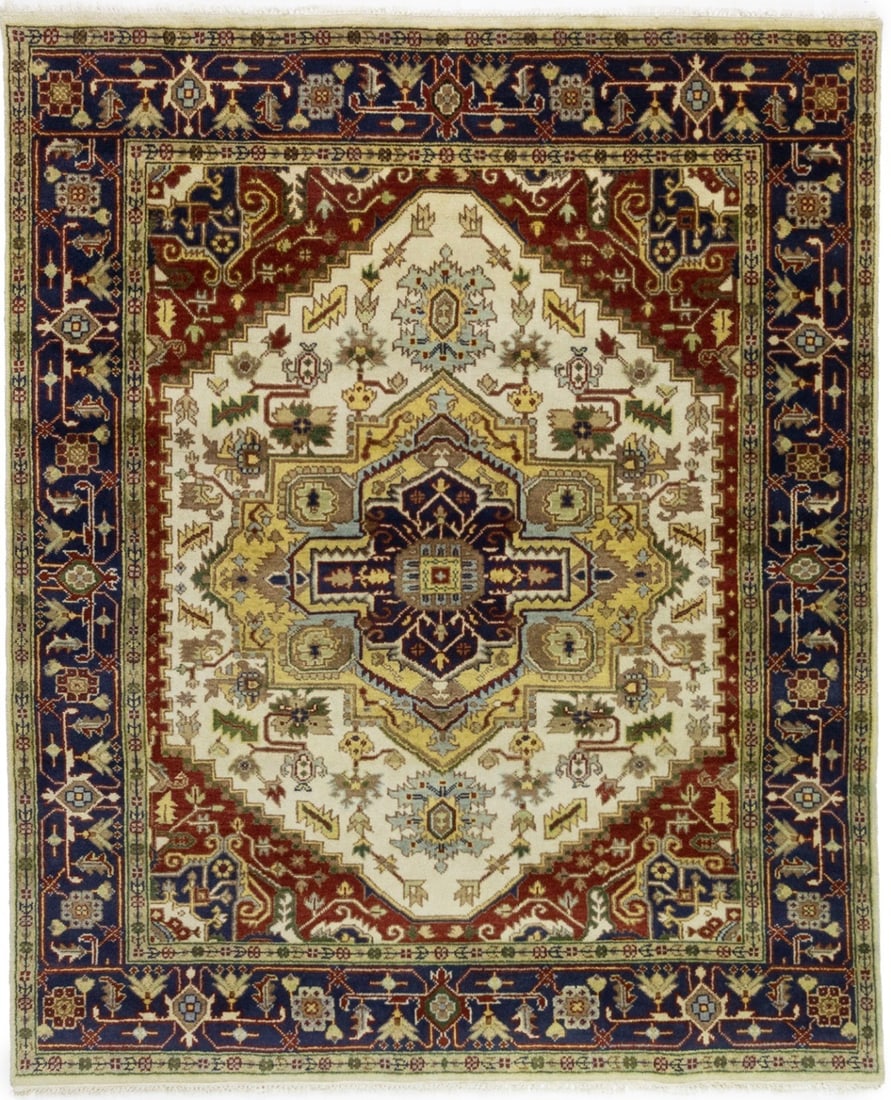 Wool Hand-Knotted Serapi Style Heriz Tribal Geometric Area Rug 8x10 Feet: Wool Hand-Knotted Serapi Style Heriz Tribal Geometric Area Rug 8x10 Feet This is a hand-knotted wool Heriz Serapi rug featuring a geometric tribal Oriental design. The rug is crafted from wool in a co