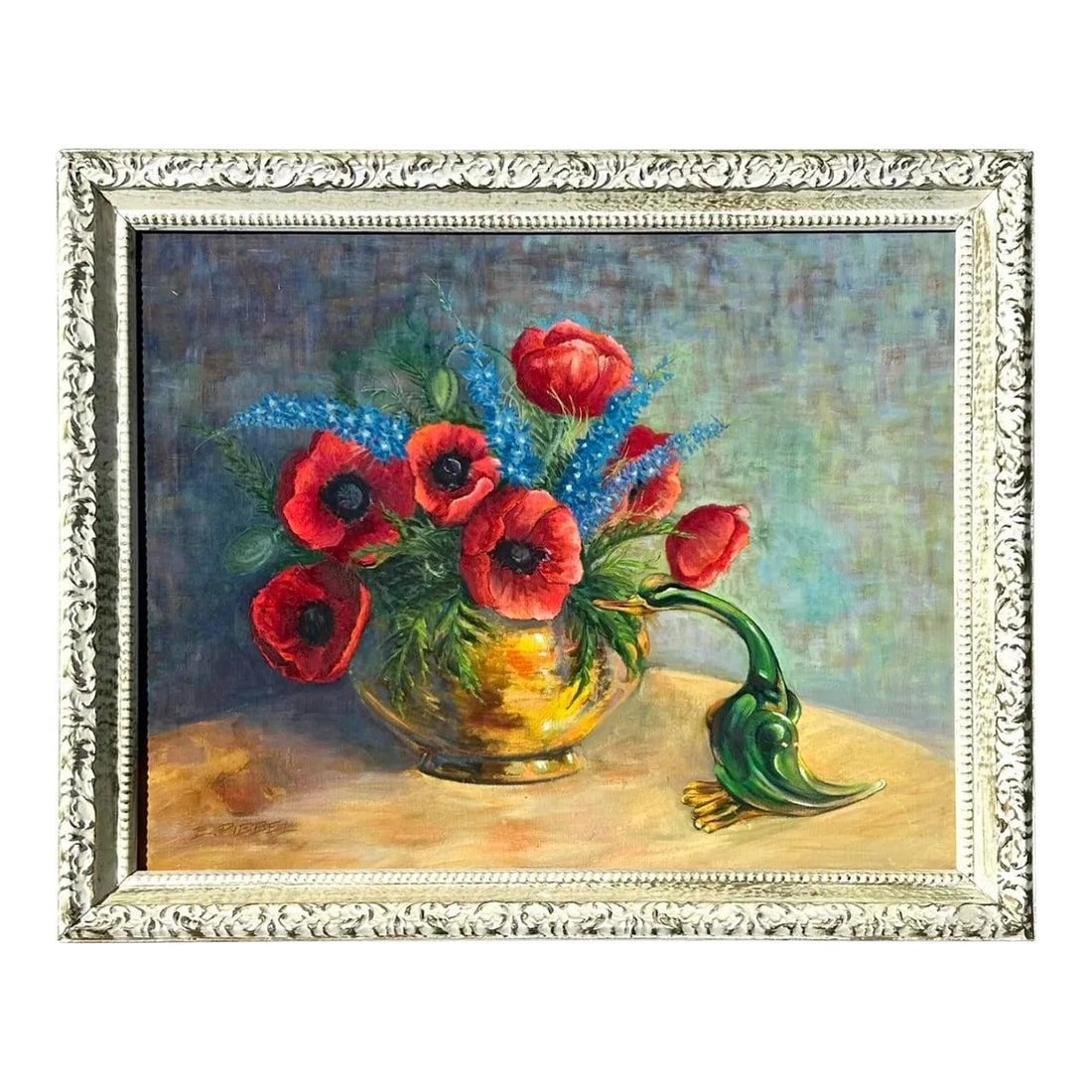 Still Life Canvas Painting With Red Poppies and Gold Vase in Silver Frame: Still Life Canvas Painting With Red Poppies and Gold Vase in Silver Frame This vintage original painting features vibrant red poppies arranged in a finely detailed gold vase, accompanied by a playful 