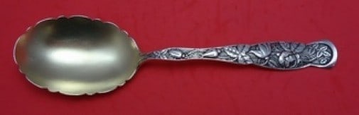 Knowles Rose aka Bug Sterling Silver Casserole Spoon Gold Wash 8.5": Knowles Rose aka Bug Sterling Silver Casserole Spoon Gold Wash 8.5" This exquisite casserole spoon features a stunning gold wash and is crafted from high-quality sterling silver. Designed in the elega