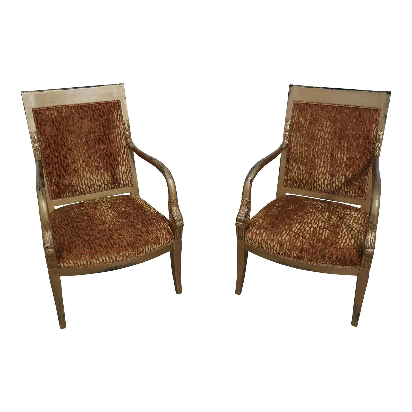 Elegant Pair of Neoclassical Dolphin Armchairs with Gold and Black Finish: Elegant Pair of Neoclassical Dolphin Armchairs with Gold and Black Finish Enhance your living space with this stunning pair of Neoclassical Dolphin Armchairs, featuring a modern print fabric that adds