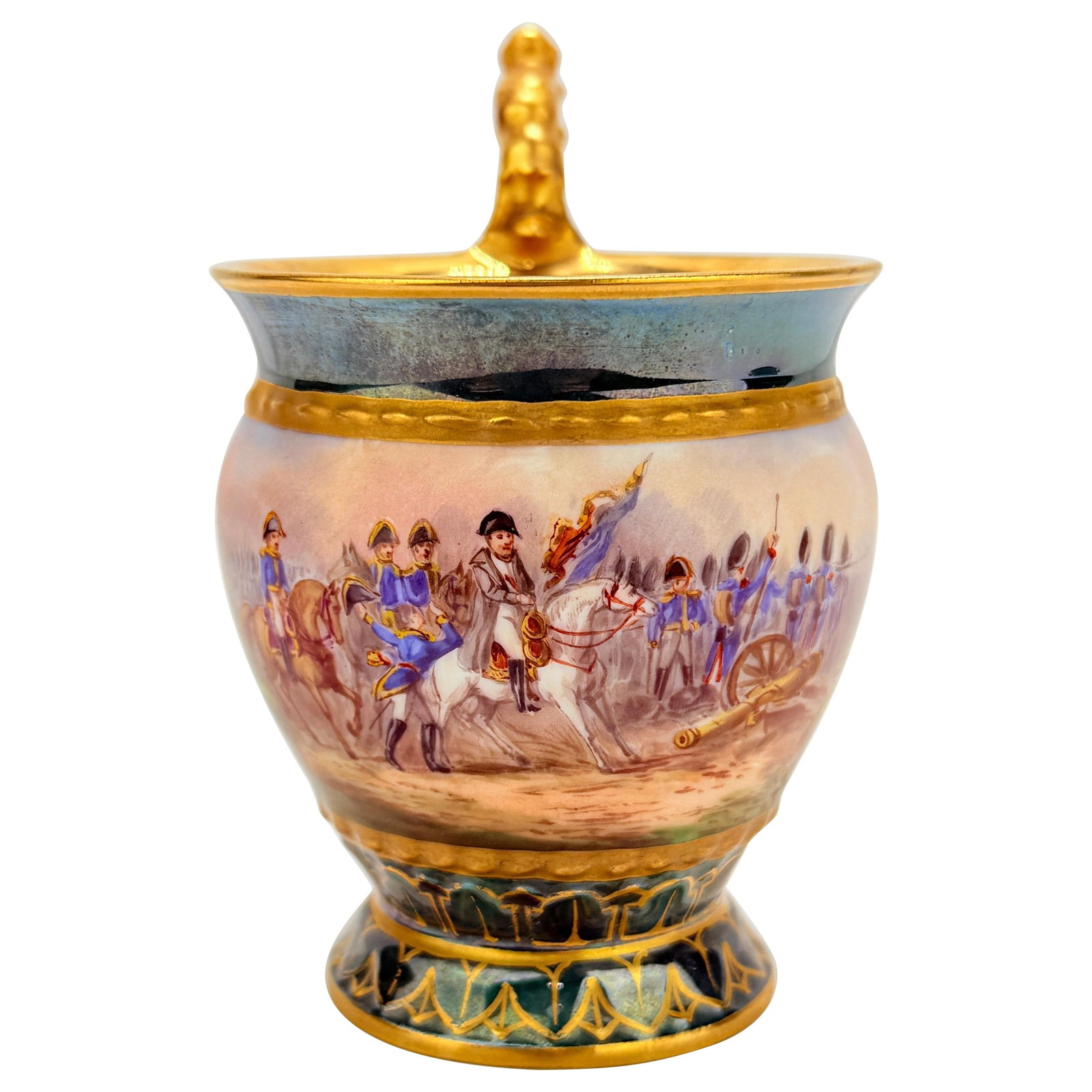19th Century Sevres Style Porcelain Cup Battle of Waterloo Signed Desprez: 19th Century Sevres Style Porcelain Cup Battle of Waterloo Signed Desprez This exquisite 19th-century porcelain cup and cover commemorates the Battle of Waterloo, showcasing the artistry typical of Se